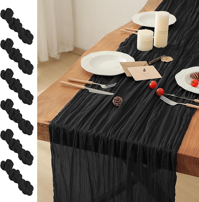 Leetaltree 6 Pack Black Cheesecloth Table Runner, 35x120 Inch Boho Rustic Cheese Cloth Table Runner, Decorative Table Runners for Bridal Baby Shower Decorations or Wedding Table Decorations