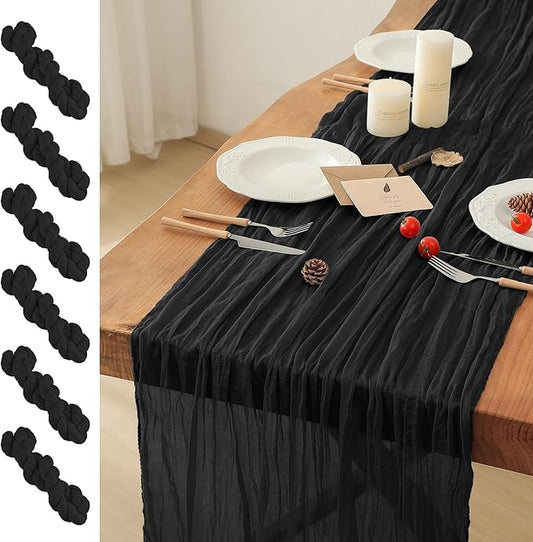 Leetaltree 6 Pack Black Cheesecloth Table Runner, 35x120 Inch Boho Rustic Cheese Cloth Table Runner, Decorative Table Runners for Bridal Baby Shower Decorations or Wedding Table Decorations
