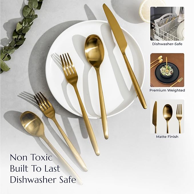 JazzUpCo Ava Flatware Flatware non toxic 18/10 stainless steel dishwasher safe (Matte Gold, 12 Person Set (60 Pieces))