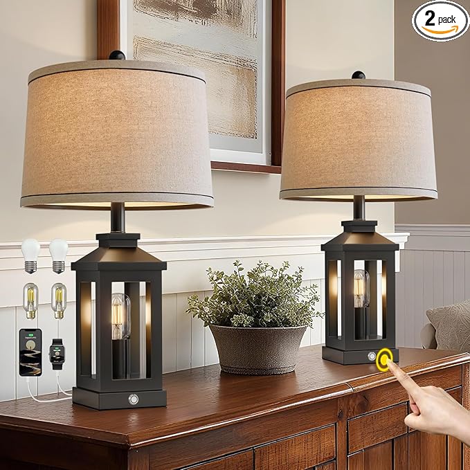 BOBOMOMO 23.75" Farmhouse Black Table Lamps Set of 2– Rustic Bedside Lamps with 3 Way Dimmable Touch Control Night Light & USB A+C Ports, Modern Lamp for Bedroom, Living Room, Entryway