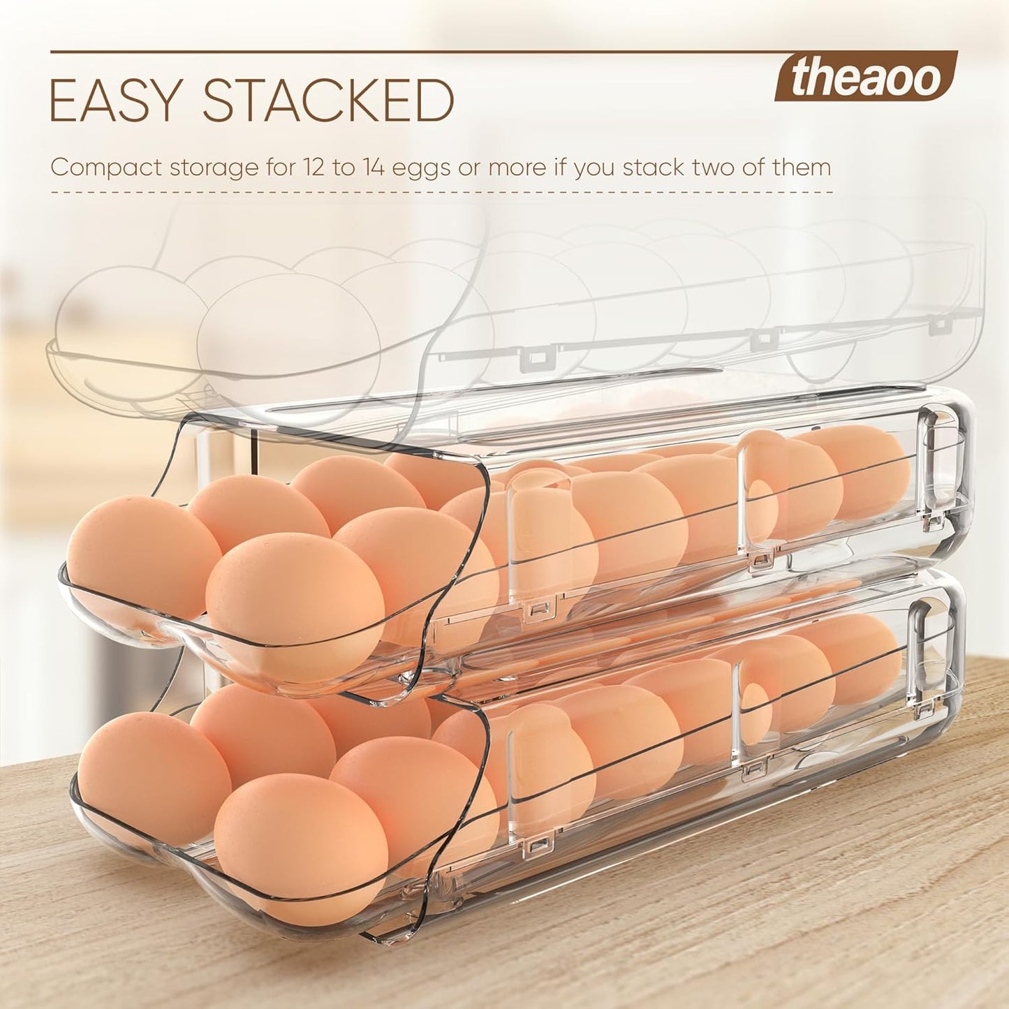 theaoo Egg Holder for Fridge, Automatic Rolling Egg Container for Refrigerator, Clear Plastic Egg Dispenser, Stackable Eggs Organizer with Quick Removable inner Tray For Organizers and Storage, 3 Pack