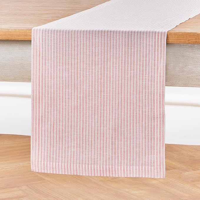 Solino Home Linen Table Runner 120 Inches Long - Narrow Stripe, 100% Pure Linen Peach and White Table Runner 14 x 120 Inch for Dining