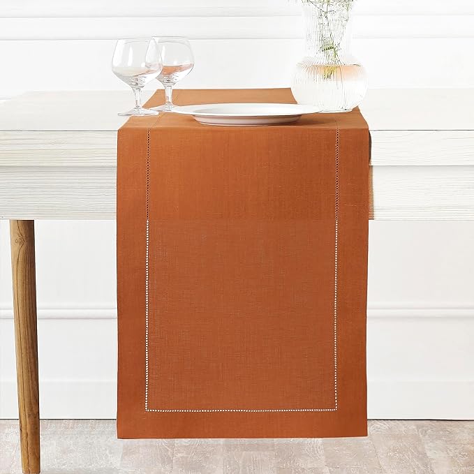 D'Moksha Homes Linen Rust Table Runner 60 Inches - Classic Hemstitch, 100% Pure Linen Coffee Table Runner 14 x 60 Inch Ideal for Dresser Tables - Winter, Christmas, Holiday, New Year