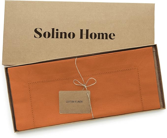 Solino Home Cotton Linen Table Runner 60 Inches - Pumpkin Hemstitch Table Runner 14 x 60 Inch Ideal for Dresser and Coffee Tables - Holiday