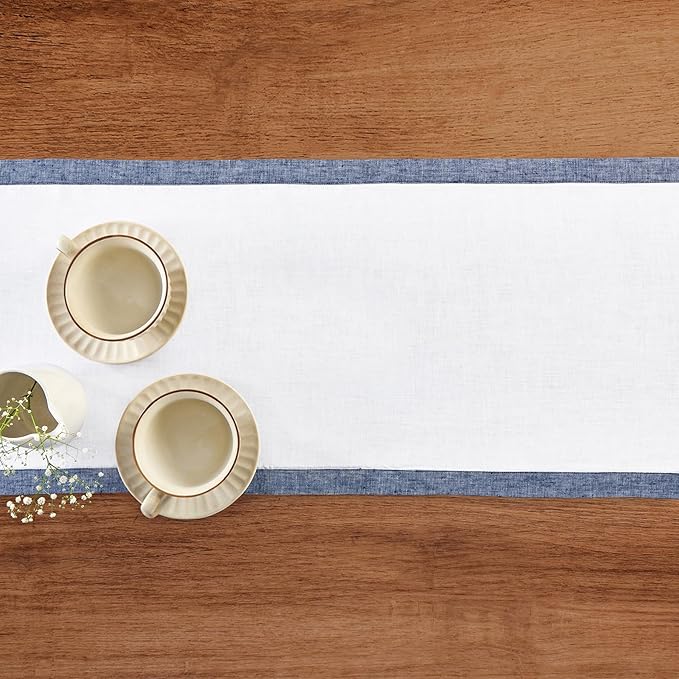 Solino Home Linen Table Runner 60 Inches - 100% Pure Linen Chambray Indigo and White Small Table Runner 14 x 60 Inch Ideal for Dresser and Coffee Tables - Classic