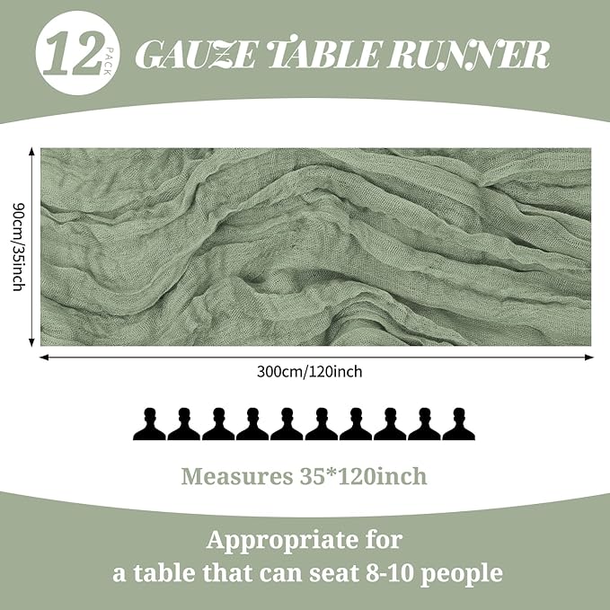 12 Pack 10Ft Sage Green Cheesecloth Table Runner 35 x 120 inch Boho Gauze Cheese Cloth Table Runner Vintage Rustic Sheer Runners for Wedding Bridal Shower Birthday Party Cake Table Decorations