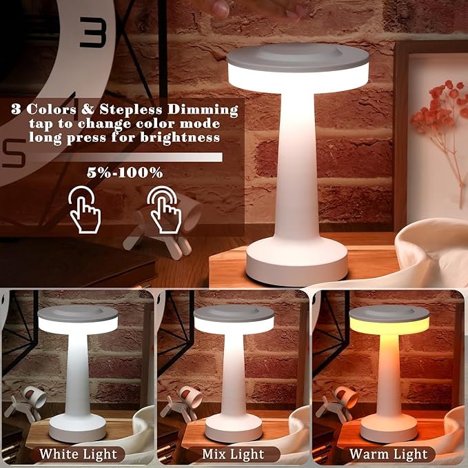 Riakrum 4 Pcs LED Portable Cordless Table Lamp with Touch Sensor 3 Color Stepless Dimming Rechargeable Battery up to 15 Hours Cordless Table Light Wireless Lamp for Nursery (White)