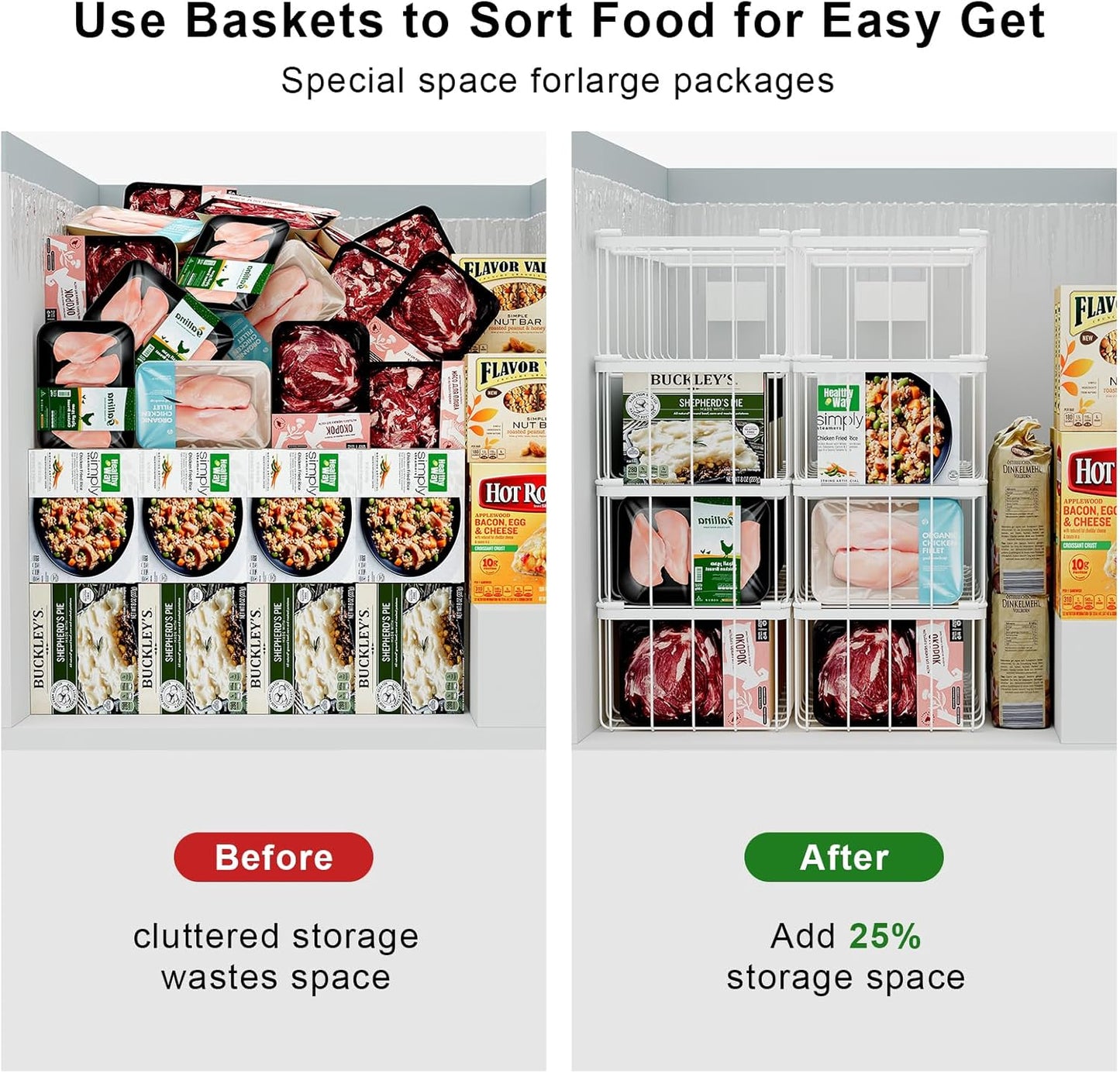 Freezer Storage Organize Baskets - 6 Pack Stackable Deep Freezer Organizer Bins for Most 7 Cu.FT Chest Freezer with Handles, Sturdy but Light, Metal Coated, Add Space, Easy to Reach