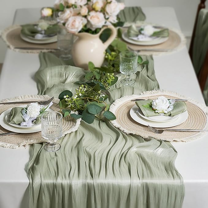 Leetaltree Dazzle Table Runner-Luxury Scarf Table Runner 120 Inch 10FT - Liquid Silk Shine, Elegant Gift Set with Card for Wedding, Christmas, Baby Shower,Holiday & Home Decor (Sage Green, 1 Pack)