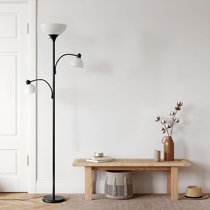 Brightech Sky Dome Double LED Floor Lamp, Torchiere Super Bright Floor Lamp with 2 Reading Lamps for Living Rooms & Offices - Dimmable Tall Standing Lamp for Bedroom Reading - Tall Black Pole