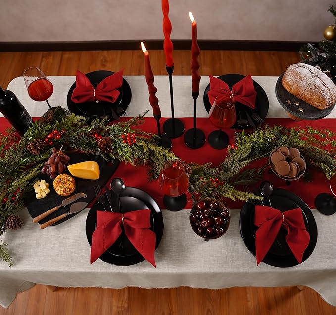 Home Ekaa 100% Pure Linen Red Table Runner 14×48 Inch – Small Hemstitch Washable Cloth Fabric Runner for Christmas, Fall, Winter, Holiday & New Year Décor – Elara Collection