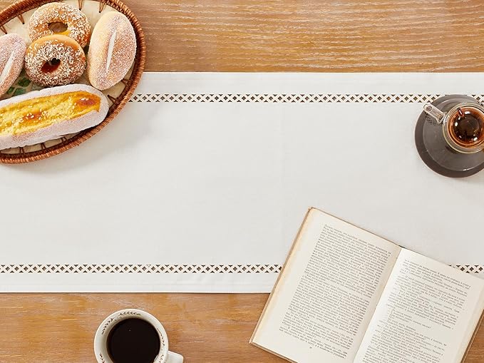 Burlap Style Farmhouse Table Runner, 13 x 108 Inch Off White, Rustic Geometric Hollow Table Runners 108 Inches Long for Dresser Table Everyday Use, 13x108 Inches, Off White
