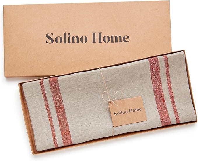 Solino Home Striped Linen Table Runner 108 Inches Long - French Stripe 100% Pure Linen Red and Natural Dining Table Runner 14 x 108 Inch for Christmas, Winter, New Year