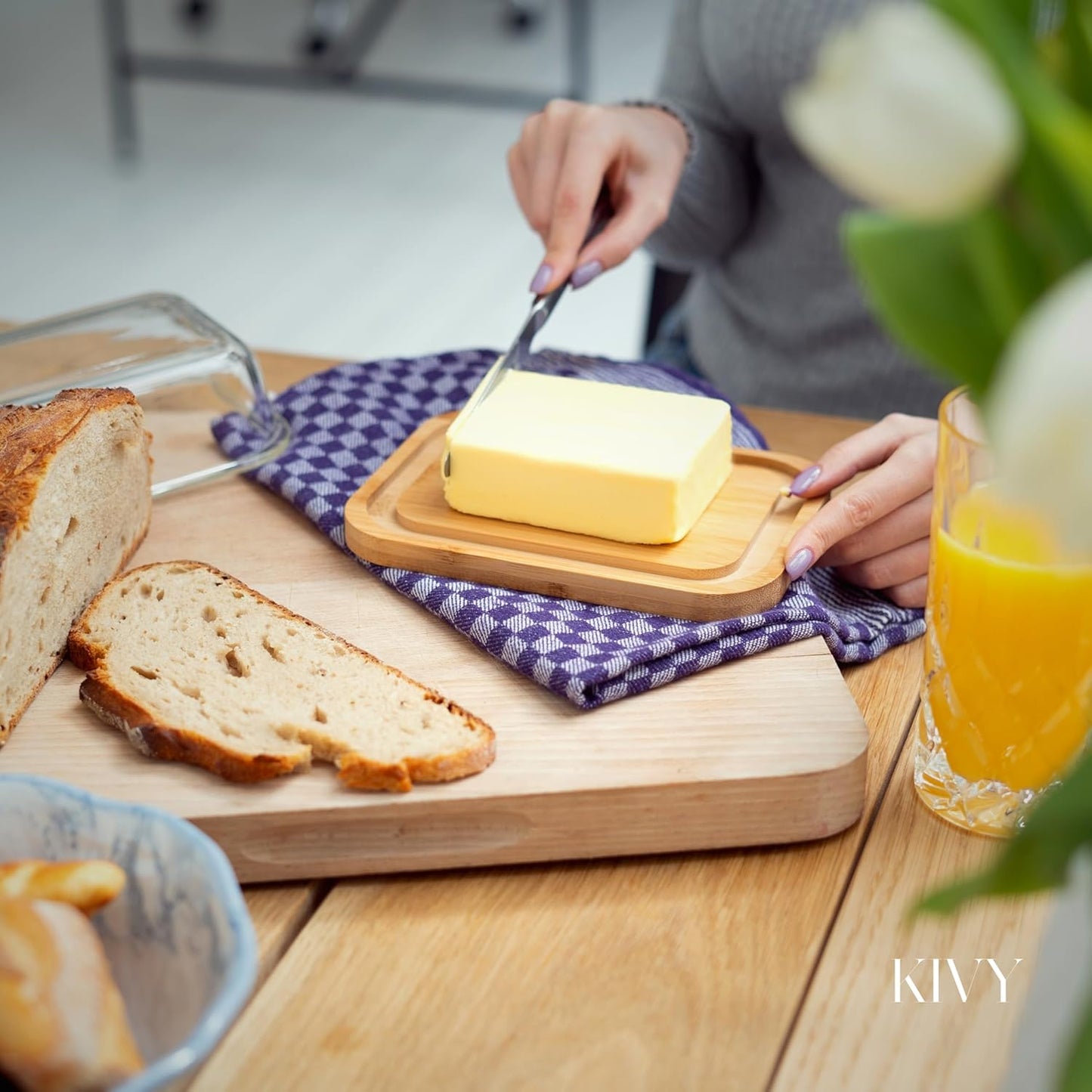 KIVY Large Butter Dish with Lid - Fits 2 Butter Sticks and Wider Sizes (Kerrygold, European Styles, Eastern, Western) - 2 Stick Butter Dish - Glass & Bamboo