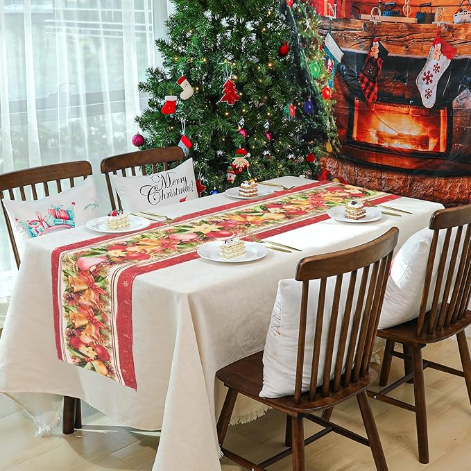 Christmas Table Runner,Red Flower Poinsettia Bells Christmas Runners Table Decoration for Indoor Outdoor Home Party Decor 13x72 Inch (Christmas Bells)