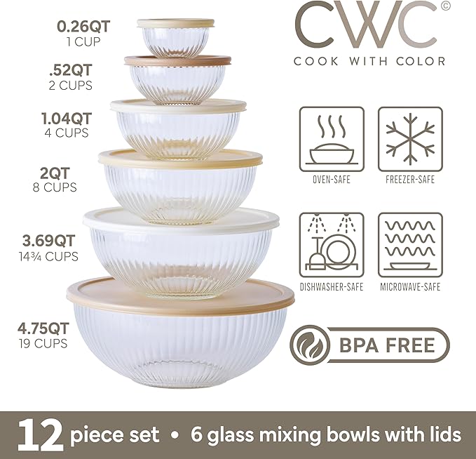 COOK WITH COLOR 12 Pc Glass Mixing Bowl Set with Lids – Borosilicate Glass Nesting Bowls for Cooking, Baking and Meal Prep, Fluted Brown