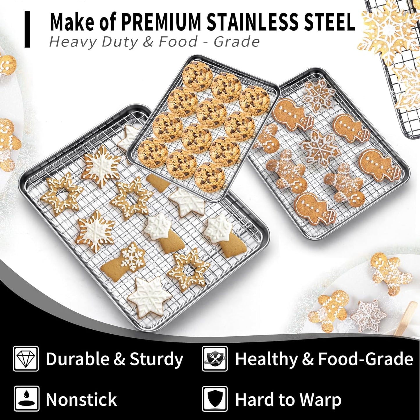 CEKEE Baking Sheet with Wire Rack Set of 6 (3 Cookie Sheets for baking + 3 Cooking Racks), Stainless Steel Stainless Steel Baking Pans Set with Cooling Rack - Heavy Duty & Dishwasher Safe