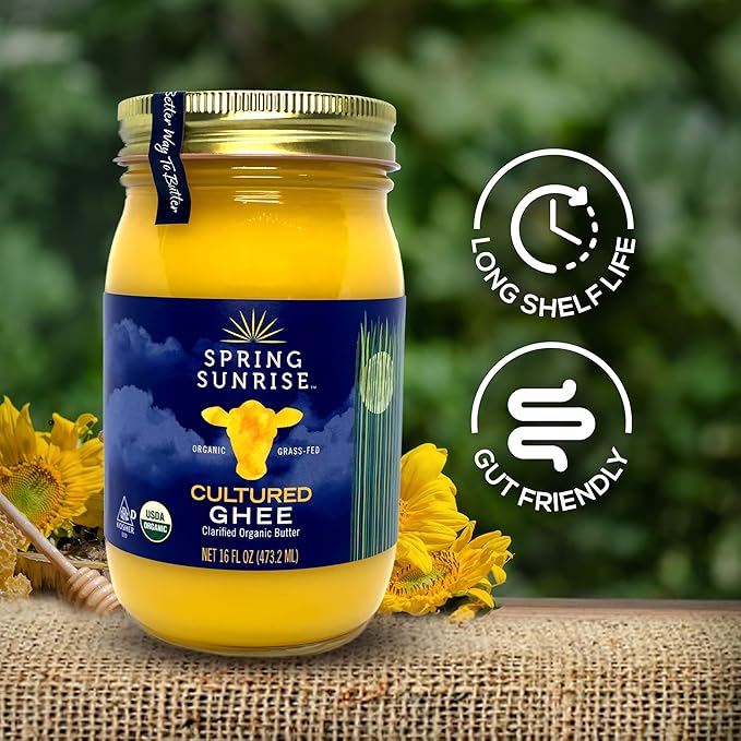 Spring Sunrise Grass Fed Organic Cultured Ghee - USDA Certified Clarified Butter - Keto & Paleo Friendly, Non-GMO, Gluten & Lactose Free Cooking Oil - Sustainably Sourced, 16 oz Jar