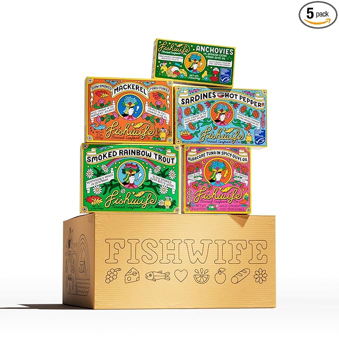 Fishwife Holiday Gift Set (5-Pack Variety with Cantabrian Anchovies, Sardines with Hot Pepper, Albacore Tuna in Spicy Olive Oil, Smoked Mackerel & Smoked Rainbow Trout) | High Protein, Gluten Free, Omega-3s