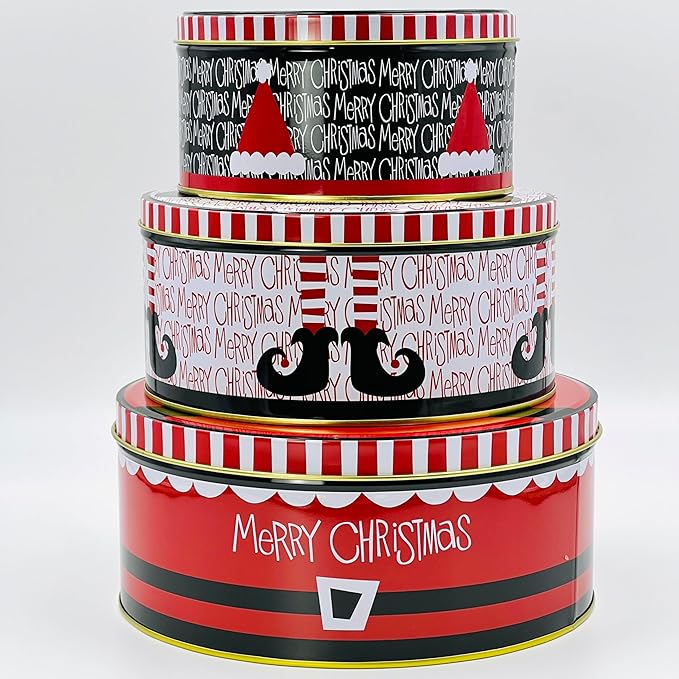 Pack of 3 Round Metal Nesting Tins – Stackable Christmas Cookie Tins with Lids for Kids' Cookies, Candy, Snacks, Crafts & Kitchen – Fun Xmas Elf Hat Design