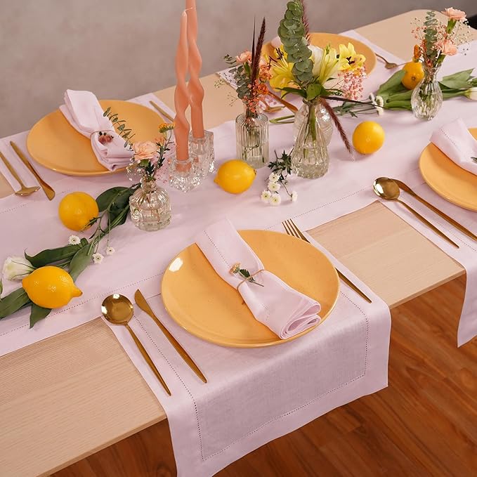 Home Ekaa Pink Table Runner 36 inches – 100% Pure Linen Hemstitch Coffee Table Runner 14 x 36 Inch Ideal for Dresser Tables – Elara, Spring, Summer, Wedding Decorations, Gift