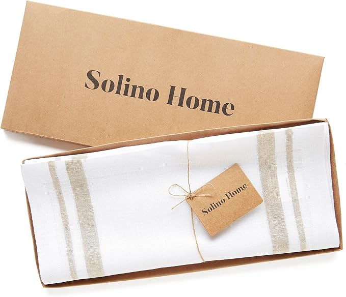 Solino Home Linen Table Runner 72 Inches Long - 100% Pure Linen Natural and White French Stripe Table Runner 14 x 72 Inch for Dining, Dresser