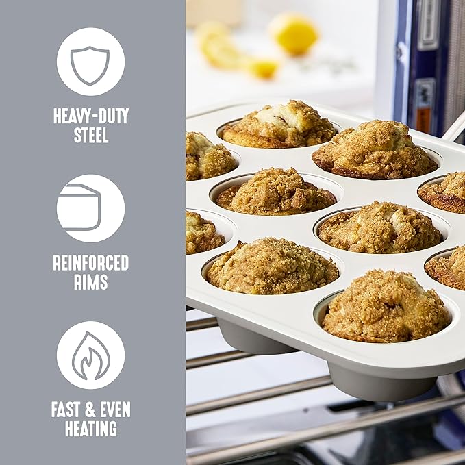GreenLife 12-Cup Muffin Pan, Healthy Ceramic Nonstick Bakeware, PFOA & PFAS-Free Cupcake Sheet, Durable Baking Tray, Versatile Kitchen Essentials, Easy Clean Muffin Mold, Nonstick Baking Pan, 6 pack
