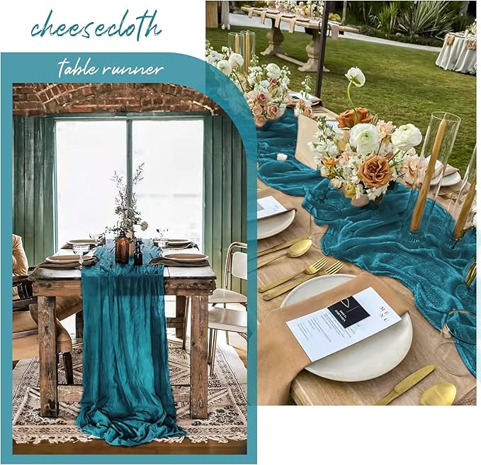 12 Pack 10Ft Teal Cheesecloth Table Runner 35 x 120 inch Boho Gauze Cheese Cloth Table Runner Vintage Rustic Sheer Runners for Wedding Bridal Shower Birthday Party Cake Table Decorations