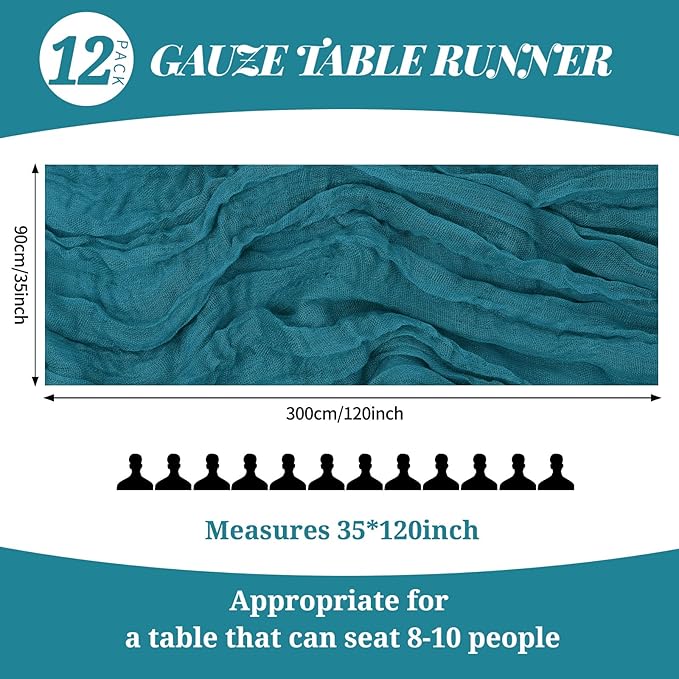 12 Pack 10Ft Teal Cheesecloth Table Runner 35 x 120 inch Boho Gauze Cheese Cloth Table Runner Vintage Rustic Sheer Runners for Wedding Bridal Shower Birthday Party Cake Table Decorations