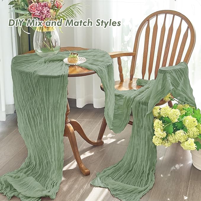 IVAPUPU 4 Pcs Cheesecloth Table Runner - 10ft Sage Green Boho Gauze Cheese Cloth Table Runners for Baby Shower Decoration Wedding Party Summer Garden Farmhouse
