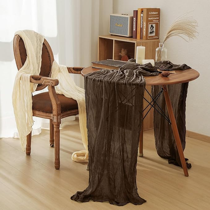 Leetaltree 4 Pack Brown Cheesecloth Table Runner, 35x120 Inch Boho Rustic Cheese Cloth Table Runner, Decorative Table Runners for Bridal Baby Shower Decorations or Wedding Table Decorations