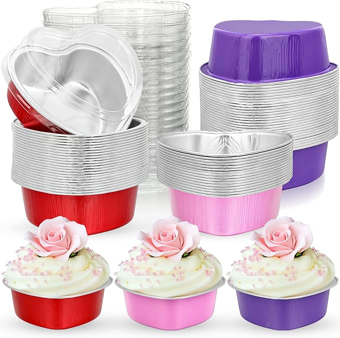Honeydak Heart Shaped Mini Cake Pan Valentine's Day Aluminum Foil Small Cake Cup with Lids 100 Ml/ 3.4 Ounces Disposable Desserts Baking Tins for Mother's Day Wedding Parties, 3 Colors(48 Sets)