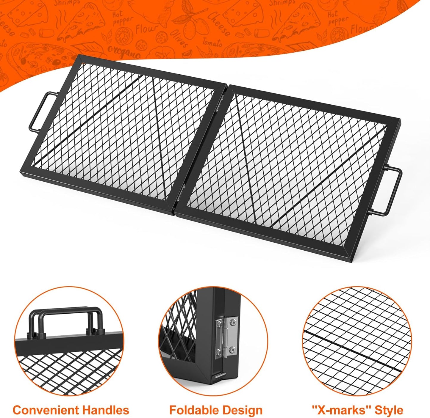 Onlyfire Foldable X-Marks Fire Pit Cooking Grate, Portable Rectangle Campfire Grill Grate with Handles, Heavy Duty Steel Campfire BBQ Grill for Outdoor, 32 inch