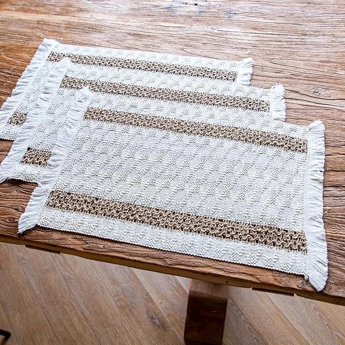 Niviy Boho Placemats Set of 12, 12x18 Inch Natural Cotton Burlap and Kitchen Woven Placemats with Tassels for Dining Table Centerpiece Thanksgiving Home Decorations