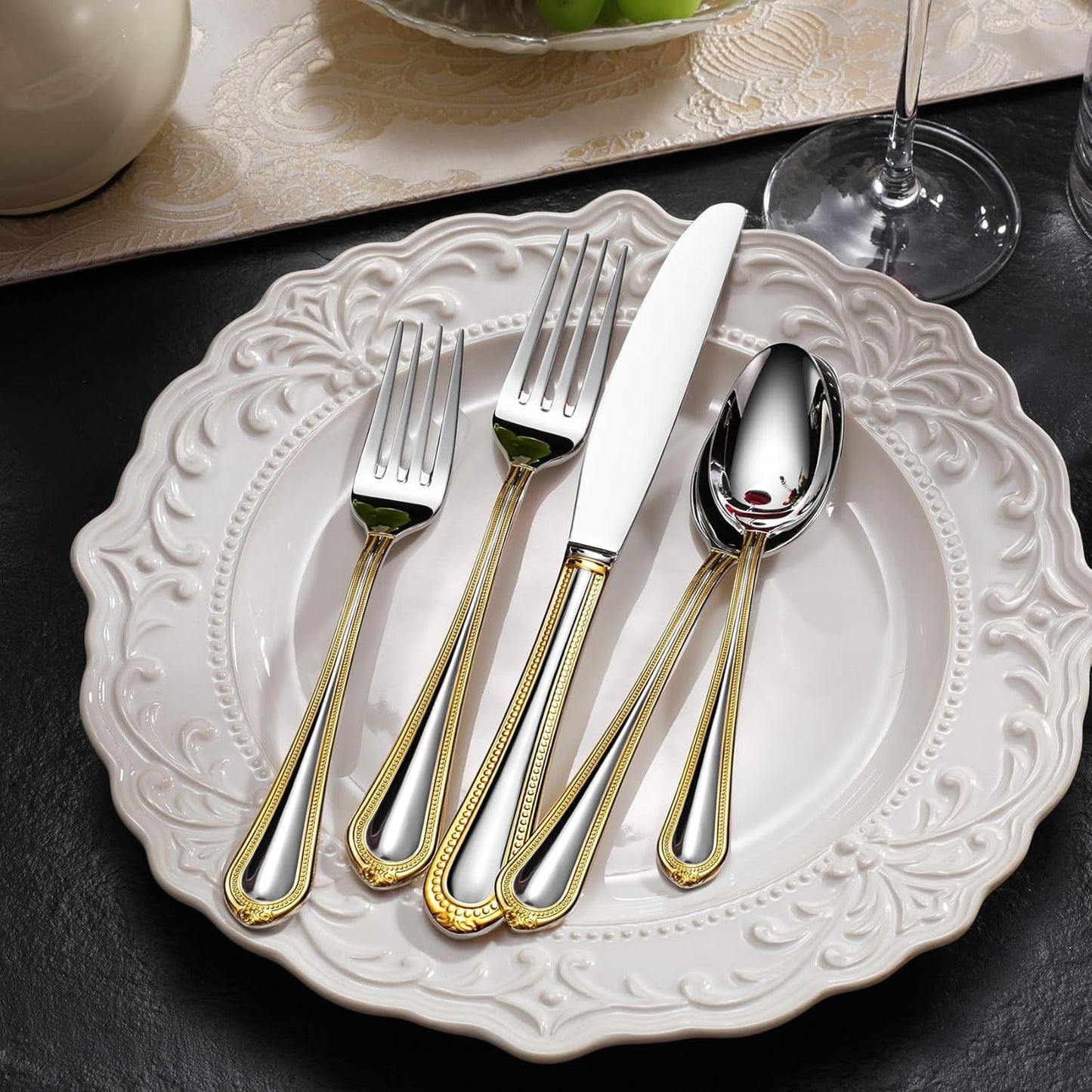 KEAWELL Pearl Edge Premium 45-Piece Refined Bead Silverware Set, 18/10 Stainless Steel, Service for 8, Fine Flatware Set with Serving Utensils, Dishwasher Safe (45, Gold Accent)