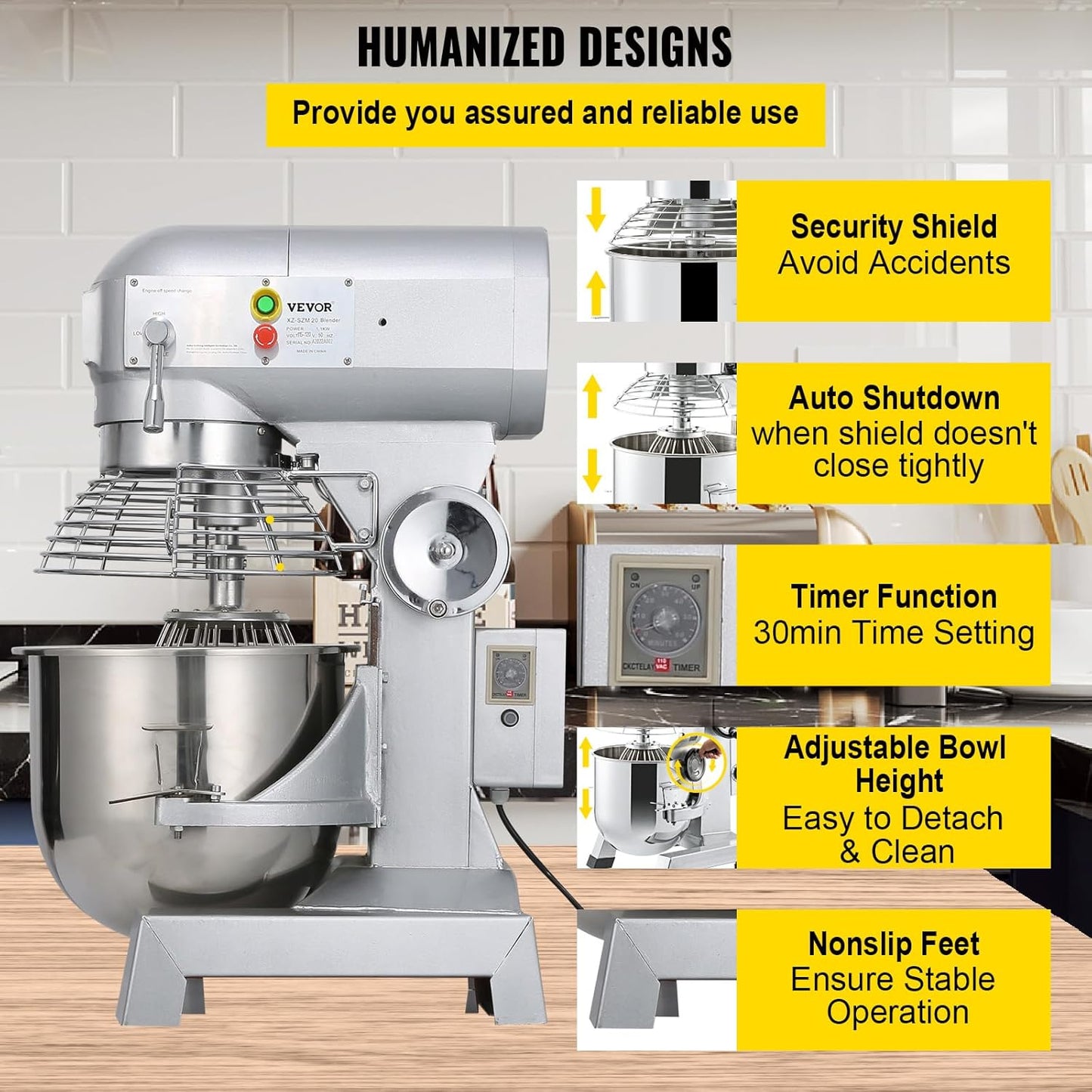 Happybuy 30Qt Commercial Food Mixer with Timing Function， Commercial Mixer 1250W Stainless Steel Bowl Heavy Duty Electric Food Mixer Commercial with 3 Speeds Adjustable, Perfect for Bakery Pizzeria