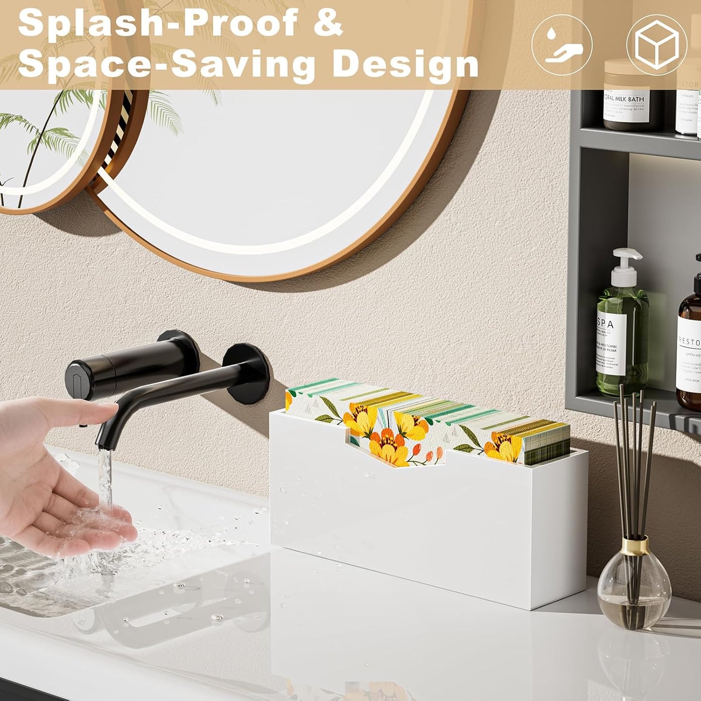 HELPLEX White Acrylic Guest Towel & Napkin Holder - Waterproof Splash-Proof Vertical Design for Bathroom, Kitchen, Dining Table - Home Hotel Office Organizer (1-Pack)