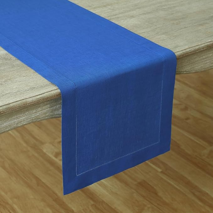 Solino Home Linen Royal Blue Table Runner 90 Inches Long - 100% Pure Linen 14 x 90 Inch Table Runner for Christmas, New Year - Classic Hemstitch