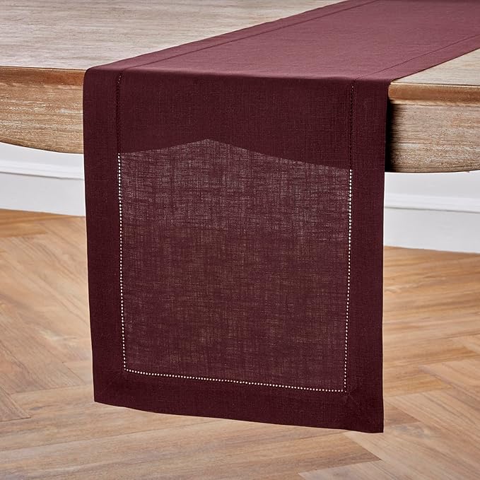 Solino Home Linen Burgundy Table Runner 90 Inches Long - 100% Pure Linen 14 x 90 Inch Table Runner for Christmas, Winter, New Year - Classic Hemstitch