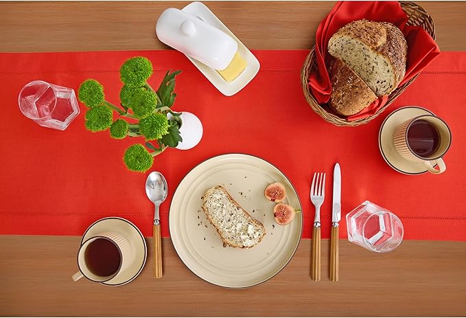 Solino Home Cotton Linen Table Runner 36 Inches - Poppy Red Hemstitch Table Runner 14 x 36 Inch Ideal for Dresser and Coffee Tables, Christmas, New Year
