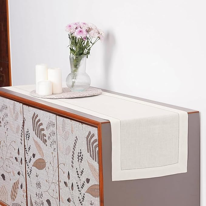 D'Moksha Homes Linen Ivory Table Runner 84 Inches Long - 100% Pure Linen Table Runner 14 x 84 Inch for Winter, Christmas, Holiday, New Year - Classic Hemstitch