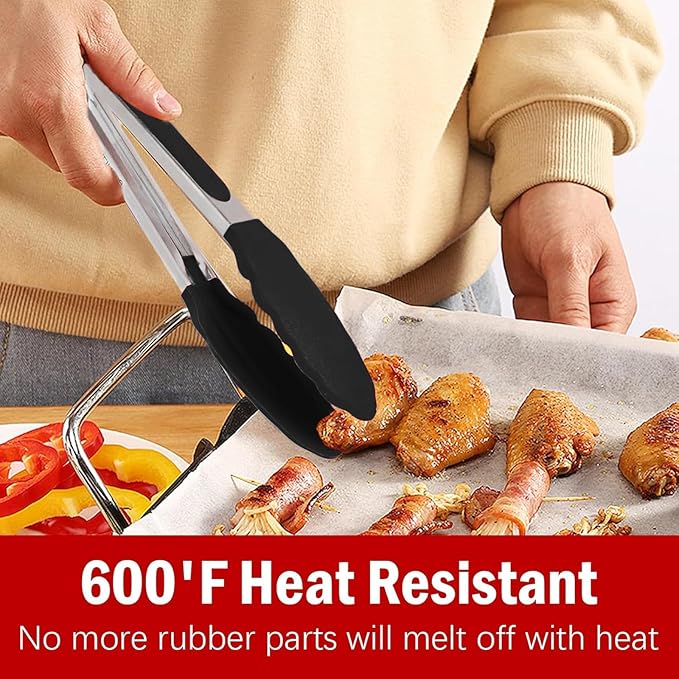Silicone Kitchen Tongs for Cooking - 9+12 Inch Heat-Resistant Stainless Steel Cooking Tongs with Non-Slip Handle, Non-Scratch Tips for, BBQ, Salad & Air Fryer - 2-Pieceblack
