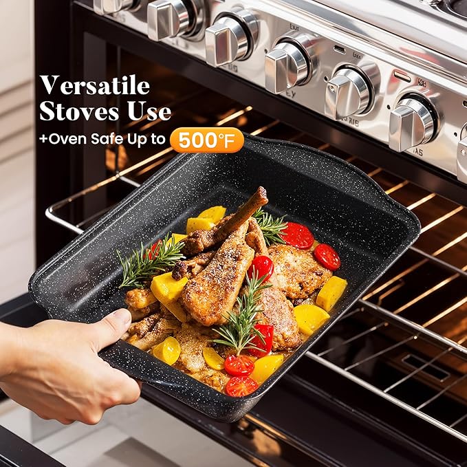 Kitchen Academy 17Pcs Pots and Pans Set Non Stick, Nonstick Kitchen Cookware Sets, Black Granite Induction Cookware, Non-toxic Healthy Nonstick Cooking Pans Set