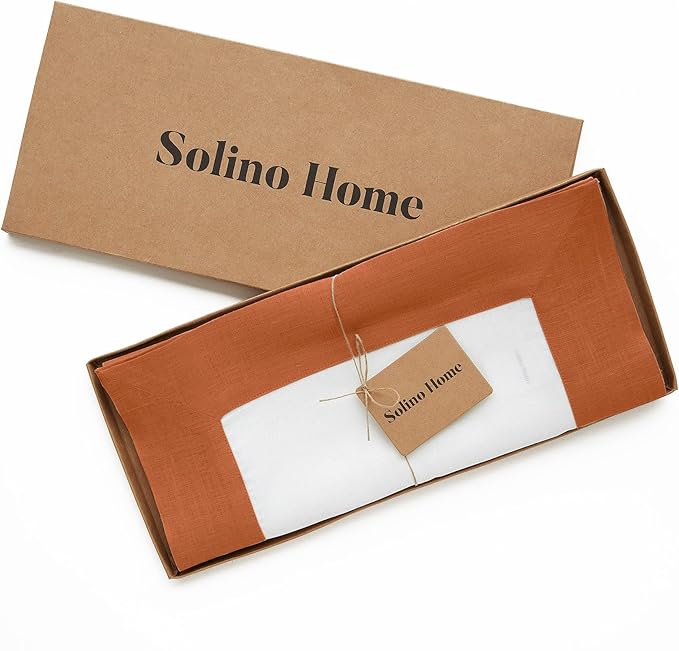Solino Home Linen Table Runner 36 Inches - 100% Pure Linen Cinnamon and White Small Table Runner 14 x 36 Inch Ideal for Dresser and Coffee Tables - Contempo