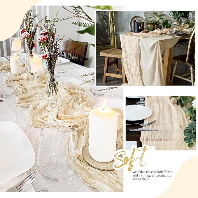 6 Pack Ivory Cheesecloth Table Runner 17x108 Inch Semi Sheer Boho Gauze Cheese Cloth Fabric Table Runners, for Wedding Party Baby Shower Birthday Home Decor Garden Farmhouse