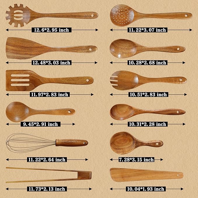Unokit Cooking Utensils Set for Kitchen - 12 Piece Nonstick Natural Teak Wooden Spoons for Cooking, Comfort Grip Kitchen Utensils Set, Teak Wooden Utensil Set with Holder and Spoon Rest