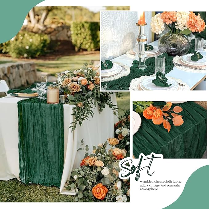 12 Pack Emerald Green Cheesecloth Table Runner 17x108 Inch Semi Sheer Boho Gauze Cheese Cloth Fabric Table Runners, for Wedding Party Baby Shower Birthday Home Decor Garden Farmhouse