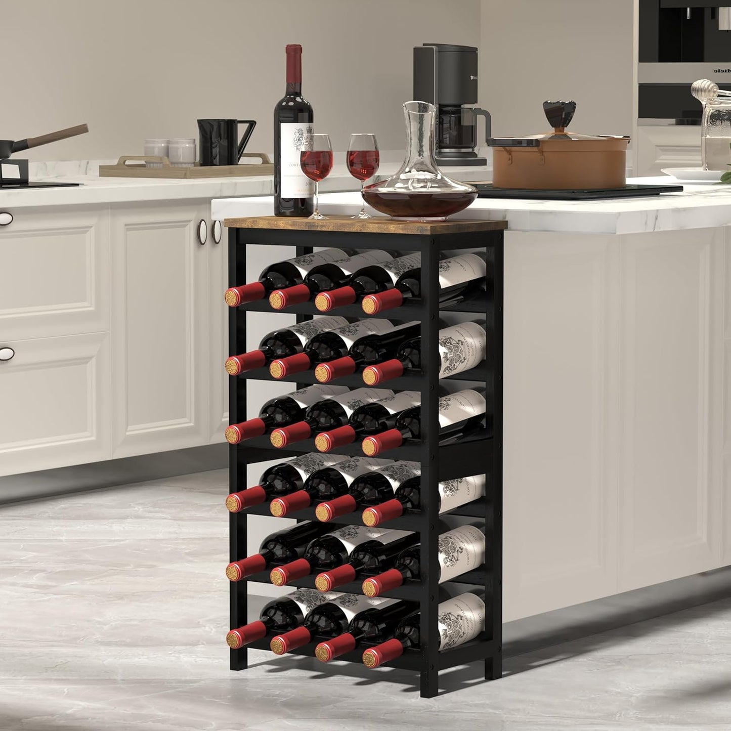 6 Tier Bamboo Wine Rack Freestanding Floor, 24 Bottles Wine Storage Shelves with Table Top, Stackable Wine Display Rack for Kitchen, Bar, Dining Room, Rustic Brown and Black
