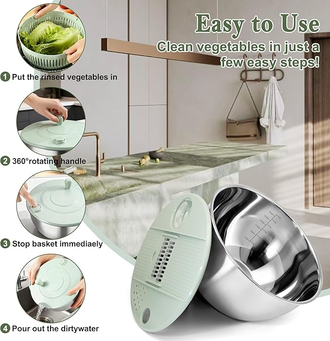 Unokit Stainless Steel Salad Spinner - Large Salad Spinner with Non-Slip Base and 5 Blade Slicers, Dishwasher Safe Lettuce Spinner for Efficient Salad Preparation and Food Washing in Kitchen