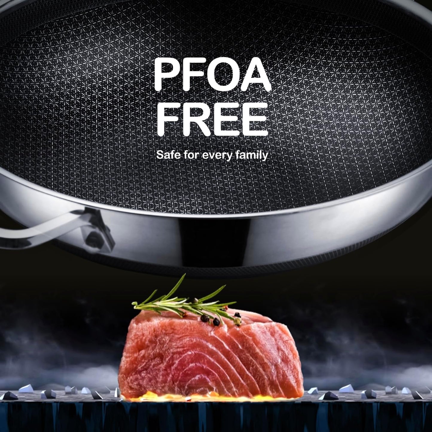 13 Inch Hybrid Stainless Steel Wok with Lid and Steamer Basket, Non Stick Stir Fry Pan, PFOA-Free, Works on Induction, Dishwasher & Oven Safe
